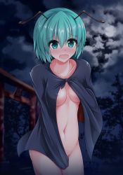 Rule 34 | 1girl, absurdres, antennae, areola slip, black cape, blush, bottomless, breasts, cape, cloud, cloudy sky, collarbone, commentary request, covered erect nipples, covering privates, covering breasts, covering crotch, exhibitionism, eyes visible through hair, green eyes, green hair, hair between eyes, highres, knot, looking at viewer, moon, muki (munikichan), naked cape, navel, night, nude, public indecency, red cape, short hair, skindentation, sky, small breasts, solo, stomach, tearing up, torii, touhou, tree, underboob, wriggle nightbug