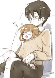 Rule 34 | 1boy, 1girl, beige sweater, black hair, black skirt, blush, brown hair, closed eyes, couch, highres, kantai collection, kneehighs, knees together feet apart, long sleeves, looking down, mochizuki (kancolle), nassukun, shared clothes, shared sweater, shirt, short hair, simple background, sitting, sitting on lap, sitting on person, skirt, socks, sweat, sweater, text focus, translation request, white background, white shirt, white socks, yawning