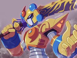 1boy armor bit_(mega_man) blue_eyes gold_armor gold_helmet helmet highres holding holding_sword holding_weapon ishigaki_(sora_roxas) male_focus mega_man_(series) mega_man_x_(series) mega_man_x_dive solo sword twitter_username upper_body weapon