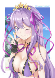 Rule 34 | 1girl, absurdres, bare shoulders, bb (fate), bb (fate) (all), bb (swimsuit mooncancer) (fate), bb (swimsuit mooncancer) (second ascension) (fate), bikini, black gloves, blue sky, breasts, cleavage, closed mouth, collarbone, fate/grand order, fate (series), fingerless gloves, gloves, hair ornament, hair ribbon, hairband, highres, iwasan oekaki, large breasts, long hair, nail polish, neck ribbon, one eye closed, purple bikini, purple eyes, purple hair, ribbon, sky, smile, star (symbol), star hair ornament, swimsuit, thighs, very long hair