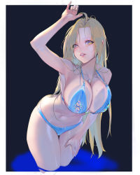 Rule 34 | 1girl, ahoge, bikini, blonde hair, blue bikini, breasts, character request, copyright request, gem, hand on thigh, hand up, jewelry, korean commentary, long hair, looking at viewer, milin (orange maru), mole, mole on breast, necklace, simple background, swimsuit, thigh gap, translation request, yellow eyes