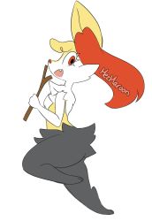 Rule 34 | 1girl, animal ear fluff, animal ears, animal hands, braixen, creatures (company), fang, female focus, fox ears, from side, full body, furry, furry female, game freak, gen 6 pokemon, hand up, happy, highres, holding, jpeg artifacts, jumping, leg up, looking at viewer, looking to the side, mezmaroon, nintendo, open mouth, pokemon, pokemon (creature), profile, sideways mouth, simple background, smile, solo, stick, white background