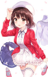 Rule 34 | 1girl, absurdres, beret, blue ribbon, blue skirt, breasts, brown eyes, brown hair, buttons, collared shirt, cowboy shot, frilled skirt, frills, hand on headwear, hand up, hat, highres, jacket, katou megumi, long sleeves, looking at viewer, mary janes, medium breasts, neck ribbon, open clothes, open jacket, pink footwear, pleated skirt, red jacket, ribbed shirt, ribbon, saenai heroine no sodatekata, shirt, shoes, short hair, simple background, skirt, solo, standing, thighhighs, tokkyu, white background, white hat, white shirt, white skirt, white thighhighs, wing collar, zettai ryouiki