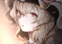 Rule 34 | 1girl, blonde hair, commentary request, crying, crying with eyes open, eyelashes, flandre scarlet, fleuriste, from side, hair between eyes, hat, hat ribbon, medium hair, mob cap, one side up, parted lips, portrait, red eyes, red ribbon, ribbon, slit pupils, solo, sparks, tears, touhou