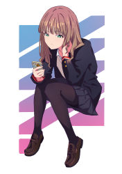 Rule 34 | 1girl, black jacket, black pantyhose, brown footwear, brown hair, cellphone, closed mouth, frown, full body, green eyes, grey skirt, grey sweater, gridman universe, hand in own hair, highres, holding, holding phone, invisible chair, jacket, loafers, long hair, long sleeves, minami yume, miniskirt, open clothes, open jacket, pantyhose, phone, pleated skirt, school uniform, shoes, sitting, skirt, smartphone, solo, ssss.dynazenon, straight hair, sweater, syunfumi