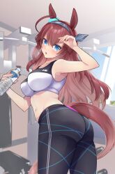 Rule 34 | :o, adjusting hair, ahoge, alternate costume, animal ears, armpits, ass, blue eyes, bottle, breasts, brown hair, cowboy shot, from behind, gym, hair between eyes, hairband, highres, horse ears, horse girl, impossible clothes, indoors, large breasts, long hair, looking at viewer, looking back, mihono bourbon (umamusume), navel, pants, sports bra, sui (h14 draw), sweat, thick eyelashes, tight clothes, tight pants, two-tone sports bra, umamusume, water bottle, yoga pants