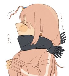 Rule 34 | 1girl, black scarf, blush, bocchi the rock!, closed eyes, closed mouth, cube hair ornament, enpera, gotoh hitori, hair ornament, highres, jacket, long sleeves, one side up, pink hair, pink jacket, pout, profile, scarf, simple background, solo, track jacket, trembling, upper body, wadachi, white background