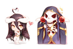 Rule 34 | 1boy, 1girl, ^^^, ahoge, ainz ooal gown, albedo (overlord), bare shoulders, black hair, black sclera, blush stickers, chibi, closed mouth, colored sclera, demon girl, dress, elbow gloves, gloves, hair between eyes, hand up, heart, heart ahoge, hood, hood up, horns, kyuri tizu, long hair, looking at another, overlord (maruyama), own hands together, red eyes, robe, sanpaku, simple background, skeleton, smile, standing, white background, white dress, wings