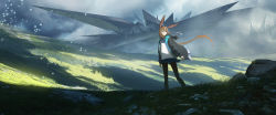 Rule 34 | 1girl, amiya (arknights), animal ears, arknights, asteroid ill, black pantyhose, blue eyes, brown hair, commentary, day, field, grass, highres, jacket, landscape, letterboxed, long hair, nature, outdoors, pantyhose, rabbit ears, scenery, solo, standing, very long hair, wide shot