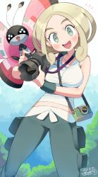 Rule 34 | 1girl, :d, bare shoulders, blonde hair, blush, breasts, camera, capri pants, collarbone, commentary request, creatures (company), crop top, dated, day, game freak, gen 6 pokemon, gradient sky, green eyes, green pants, green wristband, gym leader, happy, highres, holding, holding camera, iroyopon, looking at viewer, midriff peek, nintendo, notice lines, open mouth, outdoors, pants, photographer, pokemon, pokemon (creature), pokemon xy, shirt, short hair, sidelocks, signature, sky, sleeveless, sleeveless shirt, smile, standing, teeth, upper teeth only, viola (pokemon), vivillon, vivillon (meadow), white shirt, wristband