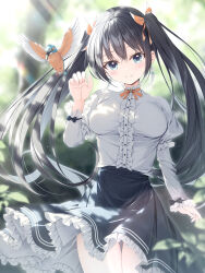 Rule 34 | 1girl, animal, bird, black hair, black skirt, blue eyes, blurry, blurry background, breasts, brown ribbon, center frills, closed mouth, commentary request, depth of field, frilled skirt, frills, hair between eyes, hair ribbon, hand up, highres, kine-c, layered sleeves, long hair, long sleeves, looking at viewer, medium breasts, original, puffy short sleeves, puffy sleeves, ribbon, shirt, short over long sleeves, short sleeves, skirt, smile, solo, standing, twintails, very long hair, white shirt