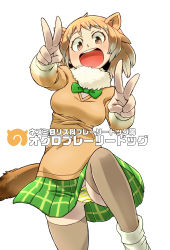 Rule 34 | 1girl, absurdres, animal ears, aono3, beige legwear, black-tailed prairie dog (kemono friends), breasts, brown eyes, brown hair, character name, double v, fur trim, gluteal fold, green neckwear, green skirt, highres, japari symbol, kemono friends, knee up, long sleeves, looking at viewer, medium breasts, open mouth, outline, panties, pantyshot, plaid, plaid skirt, pleated skirt, skirt, smile, solo, standing, striped clothes, striped panties, tail, thighhighs, underwear, v, white hair, white legwear, white panties, yellow panties
