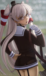 Rule 34 | &gt;:o, 10s, 1girl, :o, amatsukaze (kancolle), artist name, ass, black hat, black panties, blurry, blurry background, brown eyes, choker, cowboy shot, fang, from behind, garter straps, gloves, hair tubes, hairband, hand on own hip, hat, highres, holding, kantai collection, long hair, long sleeves, looking at viewer, looking back, machinery, mini hat, no pants, novcel, open mouth, panties, sailor collar, see-through, silver hair, single glove, sleeve cuffs, solo, thighs, tooth, tsurime, twintails, two side up, underwear, v-shaped eyebrows, very long hair, white gloves