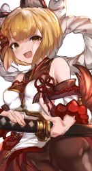 Rule 34 | 1girl, absurdres, animal ears, bare shoulders, blonde hair, blush, breasts, detached sleeves, dog ears, dog tail, fang, granblue fantasy, highres, katana, maou (maoudaisukiya), medium breasts, open mouth, pantyhose, short hair, smile, solo, sword, tail, vajra (granblue fantasy), weapon, wide sleeves, yellow eyes