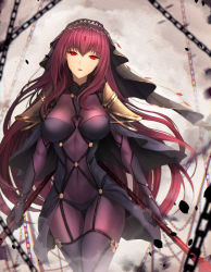 Rule 34 | 1girl, armor, blurry, bodysuit, breasts, capelet, chain, covered navel, cowboy shot, depth of field, dual wielding, fate/grand order, fate (series), female focus, floating hair, gae bolg (fate), gluteal fold, hair between eyes, head tilt, holding, jewelry, large breasts, limeblock, long hair, looking at viewer, navel, neck, open mouth, pauldrons, polearm, purple bodysuit, purple hair, red eyes, scathach (fate), see-through, shoulder armor, skin tight, solo, spear, type-moon, v-neck, veil, very long hair, waist cape, walking, weapon, wind