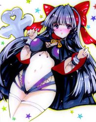 Rule 34 | 1girl, alternate breast size, alternate costume, blue hair, blush, breasts, cape, cleavage, curvy, hair ribbon, highres, large breasts, legs, long hair, makeup, nakoruru, navel, purple eyes, ribbon, samurai spirits, slingshot swimsuit, snk, snk heroines: tag team frenzy, solo, swimsuit, thick thighs, thighs, traditional media, vampire costume, weapon, wide hips