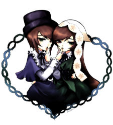 Rule 34 | 00s, 2girls, :p, blue dress, brown hair, collar, dress, frilled collar, frills, green dress, green hair, hat, heart, heterochromia, incest, licking, looking at viewer, mizunomoto, multiple girls, red eyes, rozen maiden, short hair, siblings, simple background, sisters, souseiseki, suiseiseki, tongue, tongue out, top hat, twincest, twins, white background, yuri