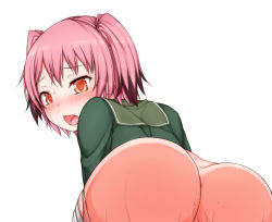 Rule 34 | 10s, 1girl, ass, bent over, blush, clothes pull, colored tips, commentary, haty, kantai collection, kunashiri (kancolle), looking back, multicolored hair, orange eyes, panties, panty pull, pantyhose, pantyhose pull, pink hair, pun, sailor collar, simple background, solo, sweat, two side up, underwear, white background