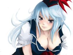 Rule 34 | 1girl, bad id, bad pixiv id, blue dress, blue hair, breasts, cleavage, downblouse, dress, female focus, goldregen, grey eyes, hanging breasts, hat, kamishirasawa keine, kerchief, lips, long hair, looking at viewer, puffy short sleeves, puffy sleeves, short sleeves, simple background, solo, tate eboshi, touhou, upper body, very long hair, white background