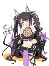 Rule 34 | 1girl, black hair, black jacket, blunt bangs, blush, breasts, cleavage, commentary request, crop top, demon girl, demon horns, demon tail, feet out of frame, heart, highres, horns, jacket, jewelry, kojo anna, kojo anna (1st costume), long hair, long sleeves, looking at viewer, medium breasts, multicolored hair, nanashi inc., navel, off shoulder, open mouth, pointy ears, purple hair, purple thighhighs, ring, ringed eyes, see-through, see-through cleavage, single thighhigh, smile, solo, sugar lyric, tail, thighhighs, tomatojam, twintails, two-tone hair, very long hair, virtual youtuber, white background, yellow eyes, zipper