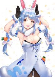 Rule 34 | 1girl, :d, absurdres, animal ear fluff, animal ears, armpits, arms up, black gloves, black pantyhose, blue hair, blush, braid, breasts, carrot hair ornament, cleavage, commentary, don-chan (usada pekora), food-themed hair ornament, gloves, hair ornament, highres, hololive, long hair, looking at viewer, multicolored hair, open mouth, pantyhose, rabbit ears, rabbit girl, scarf, smile, solo, taht (that is mm), teeth, thick eyebrows, tongue, twin braids, two-tone hair, upper teeth only, usada pekora, usada pekora (1st costume), virtual youtuber, white background, white hair