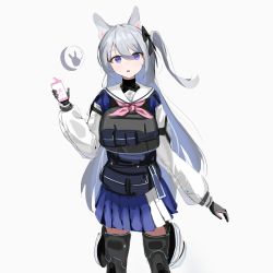 Rule 34 | 1girl, absurdres, animal ears, blue archive, blue skirt, chest rig, cowboy shot, detached sleeves, fanny pack, gloves, hair ribbon, highres, holding, holding phone, knee pads, kuy3ang, long hair, long sleeves, looking at viewer, miyako (blue archive), neckerchief, one side up, phone, pink neckerchief, pleated skirt, pouch, purple eyes, ribbon, sailor collar, skirt, solo, white hair, white sailor collar