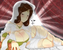 Rule 34 | 1girl, blush, breasts, brown eyes, brown hair, cleavage, dark souls (series), dark souls i, female focus, from software, huge breasts, i b b e, jewelry, lots of jewelry, lying, necklace, on side, queen of sunlight gwynevere, smile, solo