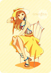 Rule 34 | 1girl, anklet, bare legs, bare shoulders, brown eyes, brown hair, chair, earrings, full body, hand on headwear, hat, hat ribbon, highres, jewelry, legs together, long hair, natsu no jin, orangina, original, ribbon, sandals, sitting, skirt, smile, solo, striped, stud earrings, sun hat, vertical stripes
