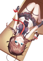 Rule 34 | 1girl, ahoge, bare legs, barefoot, black gloves, black skirt, blue eyes, box, braid, breasts, brown hair, chest harness, fingerless gloves, gloves, hair between eyes, hair flaps, harness, highres, in box, in container, kantai collection, long hair, mashiro aa, medium breasts, necktie, open mouth, pleated skirt, red necktie, redrawn, shigure (kancolle), shigure kai san (kancolle), simple background, single braid, skirt, smile, solo, white background