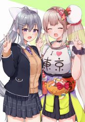 Rule 34 | 2girls, :d, black jacket, blush, bow, breasts, cardigan, closed eyes, clothes around waist, clothes writing, collared shirt, commentary request, double w, elu (1st costume) (nijisanji), elu (nijisanji), fairy wings, grey hair, grey skirt, hair ornament, hair ribbon, hairband, hairclip, highres, higuchi kaede, higuchi kaede (1st costume), jacket, jacket around waist, lantern, large breasts, light brown hair, long hair, mole, mole under eye, multiple girls, necktie, nijisanji, open mouth, paper lantern, pleated skirt, pointy ears, purple eyes, purple neckwear, racchi., red bow, ribbon, school uniform, shirt, short sleeves, side ponytail, skirt, smile, standing, very long hair, virtual youtuber, w, white ribbon, white shirt, wing collar, wings, wristband