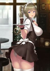 Rule 34 | 1girl, apron, breasts, brown hair, elf, hand on own chest, houtengeki, large breasts, looking back, miniskirt, open mouth, original, panties, pointy ears, ponytail, purple eyes, skindentation, skirt, solo, thighhighs, tray, underbust, underwear, waist apron, waitress, white thighhighs