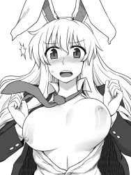 Rule 34 | 1girl, animal ears, blazer, blush, bouncing breasts, breasts, breasts out, dress shirt, female focus, gainaxing, greyscale, highres, itou yuuji, jacket, large breasts, long hair, looking at viewer, monochrome, motion blur, necktie, nipples, no bra, open clothes, open mouth, open shirt, popped button, rabbit ears, reisen udongein inaba, shirt, solo, sweatdrop, touhou, unaligned breasts, upper body, white background, white hair, white theme