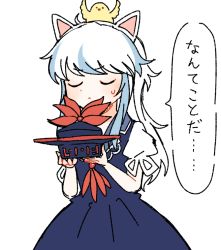 Rule 34 | 1girl, animal ears, ascot, bird, blue dress, blue hair, cat ears, chick, chicken, closed eyes, closed mouth, collared dress, dress, hat, itomugi-kun, kamishirasawa keine, long hair, multicolored hair, no headwear, puffy short sleeves, puffy sleeves, red ascot, short sleeves, sidelocks, silver hair, simple background, smelling, solo, sweat, tokin hat, touhou, translated, two-tone hair, white background