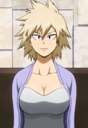 Rule 34 | 10s, 1girl, bakugou mitsuki, blonde hair, boku no hero academia, breasts, cleavage, female focus, large breasts, mature female, red eyes, short hair, smile, solo, spiked hair, upper body