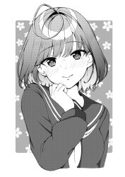 Rule 34 | 1girl, antenna hair, blush, closed mouth, commentary, cropped torso, grey background, hand up, head tilt, highres, looking at viewer, medium hair, monochrome, neckerchief, original, sailor collar, school uniform, serafuku, simple background, smile, solo, swept bangs, tft (tft7822), tsurime, upper body, white background
