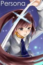 Rule 34 | 1girl, arm up, artist request, atlus, blue background, blue necktie, breasts, brown eyes, brown hair, closed mouth, copyright name, english text, eyebrows hidden by hair, floating hair, glowing, grey eyes, grey jacket, hand on sword, hand up, happy, high ponytail, holding, holding sword, holding weapon, jacket, kirishima eriko, long hair, long sleeves, looking down, looking to the side, medium breasts, necktie, orange scarf, persona, persona 1, ponytail, purple hair, scarf, school uniform, smile, solo, sparkle, st. hermelin school uniform, sword, uniform, upper body, weapon