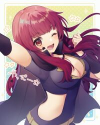 Rule 34 | 1girl, belt, black cape, breasts, cape, cleavage, clothing cutout, fire emblem, fire emblem engage, hair ornament, highres, large breasts, long hair, medium breasts, nintendo, one eye closed, red eyes, red hair, shirase (shirose), side cutout, star (symbol), star hair ornament, yunaka (fire emblem)