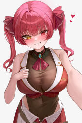 Rule 34 | 1girl, absurdres, ascot, bare arms, bare shoulders, black leotard, blush, breasts, choker, cleavage, cropped jacket, frilled choker, frills, hashtag-only commentary, heterochromia, highres, hololive, houshou marine, houshou marine (1st costume), jacket, large breasts, leotard, leotard under clothes, looking at viewer, red ascot, red eyes, red hair, red jacket, red skirt, ryu o, see-through, see-through cleavage, simple background, skirt, sleeveless, sleeveless jacket, smile, solo, twintails, upper body, virtual youtuber, white background, yellow eyes