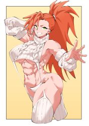 Rule 34 | 1girl, absurdres, arm behind head, breasts, commentary request, cowboy shot, cropped sweater, detached sleeves, fugaku (miko no miyatsuguchi), garter straps, highres, large breasts, long hair, looking at viewer, meme attire, muscular, muscular female, original, panties, ponytail, red hair, ribbed sleeves, ribbed sweater, ribbed thighhighs, simple background, sleeveless, sleeveless turtleneck, smile, solo, sweater, turtleneck, turtleneck sweater, underboob, underwear, virgin destroyer sweater, white panties, white sweater