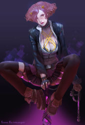 Rule 34 | 1girl, artist name, belt, black jacket, black neckwear, black thighhighs, boots, breasts, bridal garter, brown footwear, choker, cleavage, commentary, crop top, cropped jacket, fingernails, garter straps, hair over one eye, highres, holding, jacket, large breasts, lips, long sleeves, looking at viewer, nail polish, navel, ogre, open clothes, open jacket, orange eyes, original, over-kneehighs, parted lips, pink hair, pink nails, plaid, plaid skirt, platform boots, platform footwear, pleated skirt, purple skirt, red hair, resolution mismatch, short hair, skirt, solo, source smaller, spiked choker, spikes, stomach, teemu taiga, thighhighs