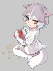 Rule 34 | 1girl, adapted costume, animal ears, blue eyes, blush, casual, chips (food), dog (mixed breed) (kemono friends), dog ears, dog tail, ears down, elbow gloves, failure, food, gloves, grey background, grey hair, grey pantyhose, heterochromia, kemono friends, looking at viewer, multicolored clothes, multicolored hair, multicolored legwear, nyifu, pantyhose, potato chips, shirt, short hair, short sleeves, simple background, sitting, solo, t-shirt, tail, tearing up, wariza, white gloves, white hair, white pantyhose, white shirt, yellow eyes