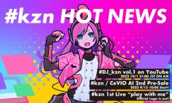 Rule 34 | 1girl, arms up, black gloves, bright pupils, cevio, elbow gloves, fingerless gloves, gloves, green eyes, halftone, headphones, jacket, kizuna ai inc., kzn (cevio), looking at viewer, miyoshi yoshimi, open mouth, pink jacket, short sleeves, solo, upper body, white pupils
