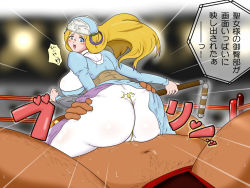 Rule 34 | 1boy, 1girl, ass, blonde hair, blue eyes, blush, bodysuit, breasts, dark skin, fat, fat man, from behind, girl on top, glasses, gradient background, hat, huge ass, huge breasts, ikayama gesokichi, long hair, looking back, looking down, melpha, mixed wrestling, nunchaku, open mouth, queen&#039;s blade, sideboob, sweat, translation request, weapon, wrestling, wrestling ring