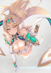 Rule 34 | 1girl, armor, bare shoulders, blonde hair, bouncing breasts, breasts, covered navel, dress, earrings, fingerless gloves, gem, gloves, headpiece, inoue takuya (tactactak), jewelry, large breasts, long hair, mythra (xenoblade), nintendo, shoulder armor, simple background, smile, solo, swept bangs, tiara, white dress, xenoblade chronicles (series), xenoblade chronicles 2, yellow eyes