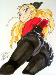 Rule 34 | 1girl, artist name, ass, assam (girls und panzer), black pantyhose, black ribbon, black skirt, blonde hair, blue eyes, blush, closed mouth, clothes lift, commentary request, cropped legs, fanta (the banana pistols), from below, girls und panzer, grey background, gusset, hair pulled back, hair ribbon, highres, jacket, legs, lifted by self, long hair, long sleeves, looking at viewer, looking back, military, military uniform, miniskirt, panties, panties under pantyhose, pantyhose, pleated skirt, red jacket, ribbon, signature, skirt, skirt lift, smile, solo, st. gloriana&#039;s military uniform, thighband pantyhose, traditional media, underwear, uniform
