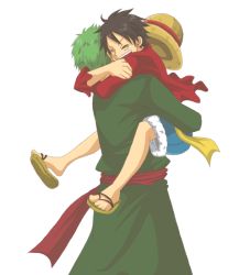 Rule 34 | 2boys, black hair, green hair, hat, hug, long sleeves, male focus, monkey d. luffy, multiple boys, one piece, red shirt, robe, roronoa zoro, sandals, sash, shirt, shorts, simple background, smile, straw hat, white background