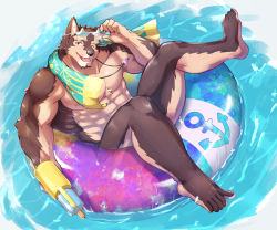 Rule 34 | 1boy, abs, animal ears, bara, dog boy, dog ears, dog tail, erisu (7575el), facial hair, furry, furry male, goatee, holding, holding watering can, innertube, large pectorals, live a hero, looking at viewer, male focus, mature male, muscular, muscular male, nipples, pectorals, pubraseer (live a hero), short hair, simon shades, smile, solo, star-shaped eyewear, star (symbol), stomach, sunglasses, swim ring, tail, thick thighs, thighs, topless male, towel, towel around neck, watering can