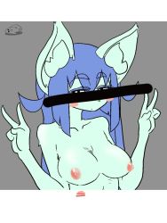 Rule 34 | 1girl, bar censor, breasts, brown eyes, cat, censored, female focus, furry, furry female, long hair, looking at viewer, nude, purple hair, simple background, solo, the amboina, upper body, v