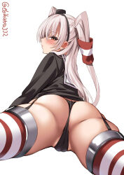 Rule 34 | 1girl, amatsukaze (kancolle), ass, black panties, blush, brown dress, brown eyes, dress, ebifurya, from behind, garter straps, gloves, grey hair, grey neckerchief, hair between eyes, hair tubes, hat, highres, kantai collection, long hair, long sleeves, looking at viewer, looking back, lying, mini hat, neckerchief, on stomach, one-hour drawing challenge, panties, partially visible vulva, red thighhighs, sailor collar, sailor dress, short dress, simple background, single glove, smokestack hair ornament, solo, striped clothes, striped thighhighs, thighhighs, thong, twintails, twitter username, two side up, underwear, white background, white hair, white sailor collar