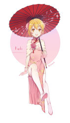 Rule 34 | 1girl, :d, blonde hair, blush, boots, brown eyes, bun cover, character name, china dress, chinese clothes, double bun, dress, ekita kuro, flower, full body, gloves, hair bun, highres, holding, holding umbrella, invisible chair, katekyo hitman reborn!, oil-paper umbrella, open mouth, pink gloves, red flower, red rose, rose, sasagawa kyouko, short hair, sitting, smile, solo, standing, thigh boots, thighhighs, twitter username, umbrella, white footwear